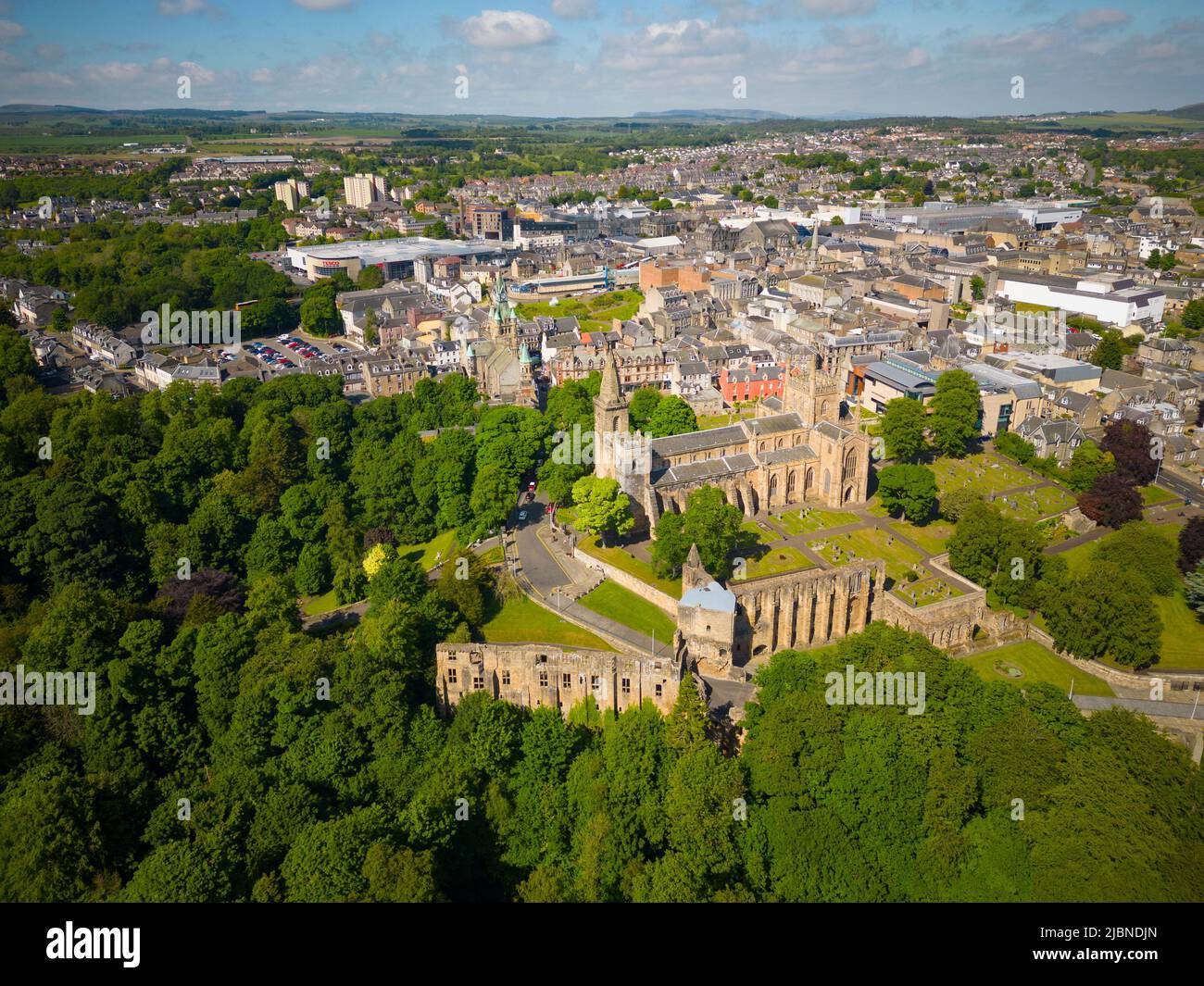 Aerial view from drone of Dunfermline Abbey and Palace ruins in