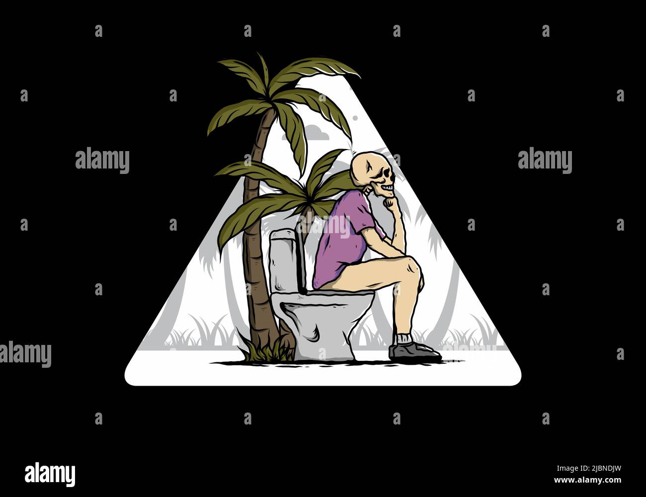 Skeleton man sit on outdoor toilet illustration drawing design Stock Vector