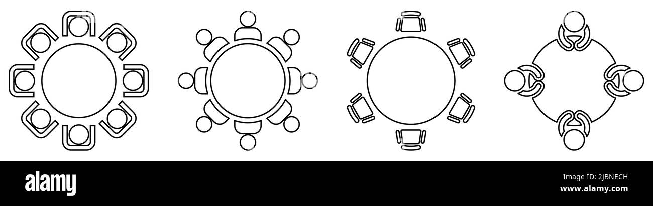 Round table with chairs icons in line art style. Table for business meetings. Vector illustration isolated on white background Stock Vector