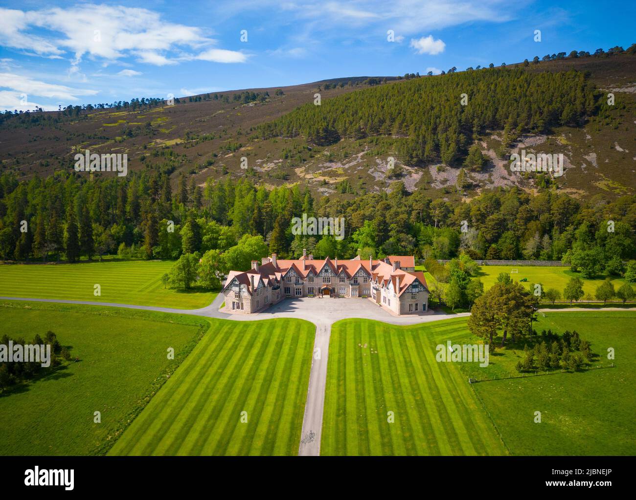 Aerial view of Marr Lodge in Dee Valley near Braemar, Aberdeenshire, Scotland, UK Stock Photo