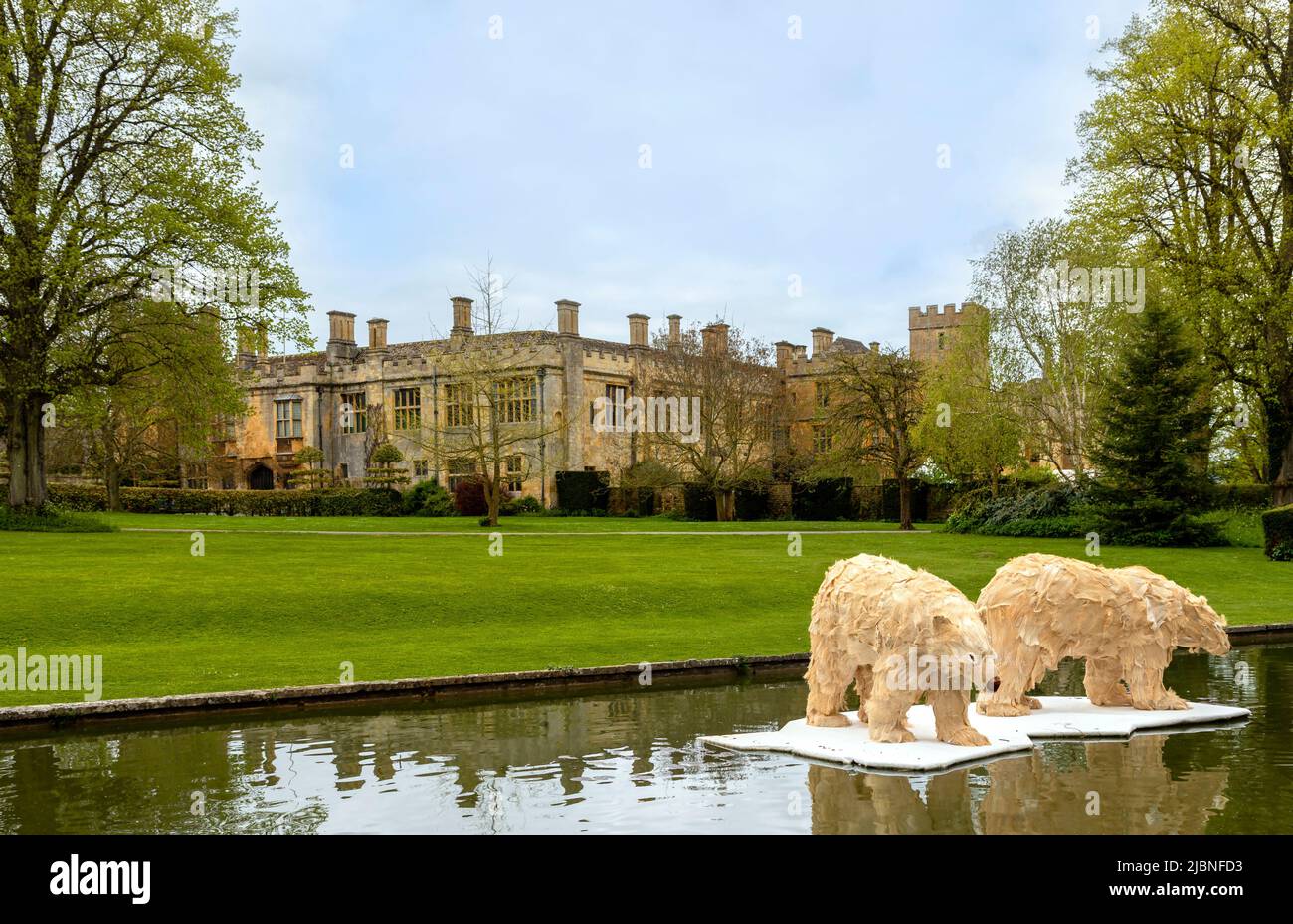 Exhibited artwork of Polar bears on ice floes in the gardens of Sudeley, Castle, Sudeley, Gloucestershire, Cotswolds, England, Great Britain, UK. Stock Photo