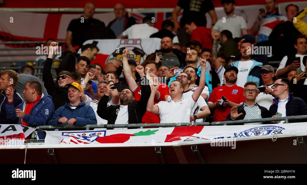 Munich, Germany, 7th June 2022.   England fans enjoy the atmosphere during the UEFA Nations League match at Allianz Arena, Munich. Picture credit should read: David Klein / Sportimage Stock Photo