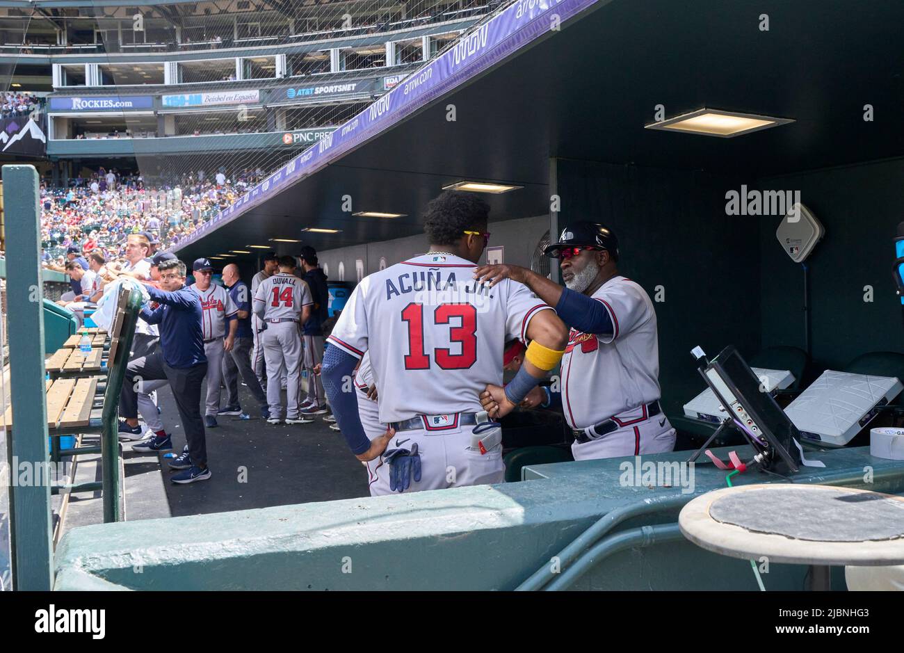 Denver CO, USA. 4th June, 2022. Colorado outfielder Conner Joe (9) takes a  walk during the game with Atlanta Braves and Colorado Rockies held at Coors  Field in Denver Co. David Seelig/Cal