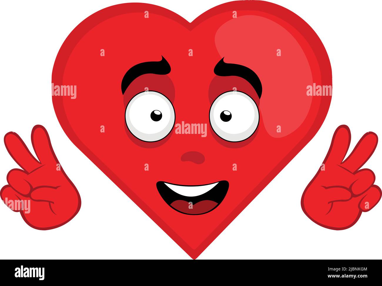 Vector illustration of a cartoon character of a heart, with a happy expression, making the classic gesture of love and peace or v victory with his han Stock Vector