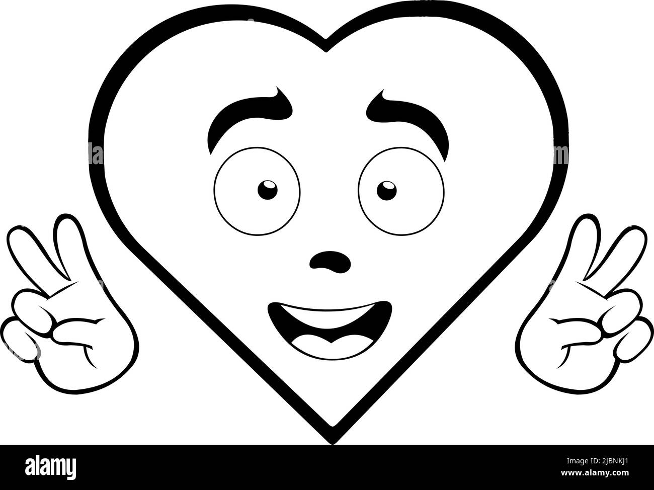 Vector illustration of cartoon heart making the classic gesture of love and peace with the hands, the outlines of the character are drawn in black, th Stock Vector