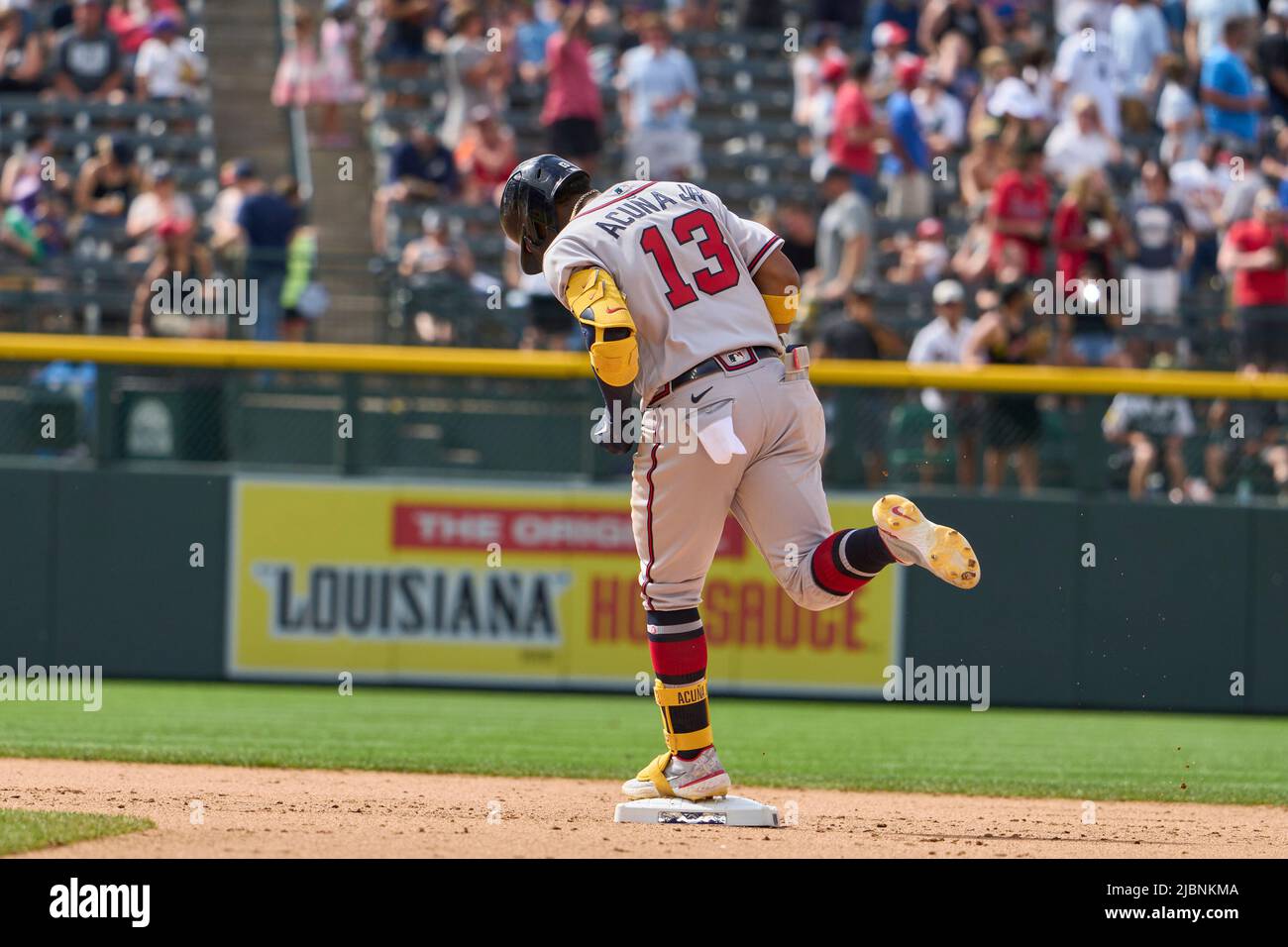 Denver CO, USA. 3rd June, 2022. Atlanta right fielder Ronald Acuna Jr. (13)  draws a walk during the game with Atlanta Braves and Colorado Rockies held  at Coors Field in Denver Co.