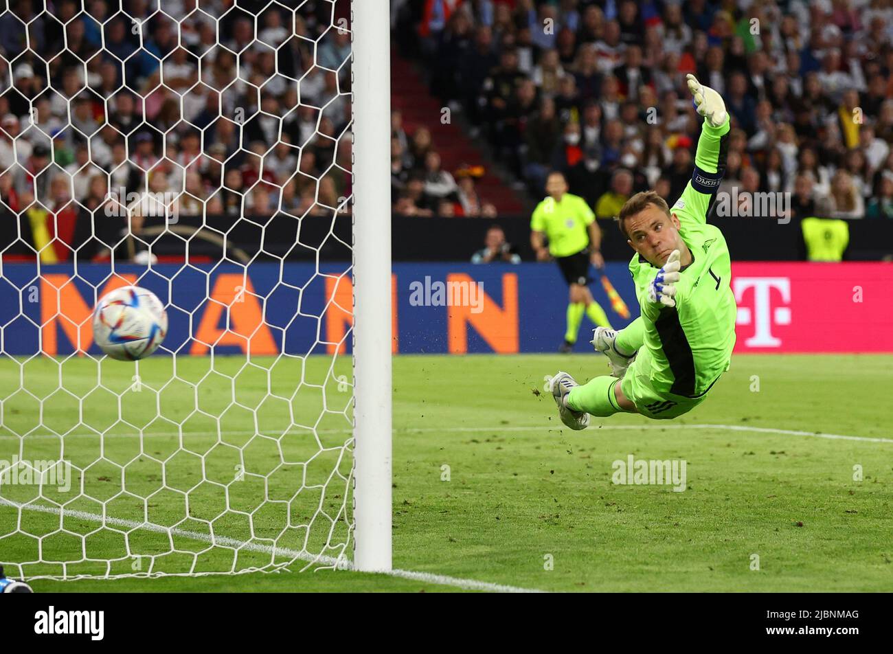Munich, Germany, 7th June 2022.  A shot from Bukayo Saka of England flashes wide of the post past Manuel Neuer of Germany during the UEFA Nations League match at Allianz Arena, Munich. Picture credit should read: David Klein / Sportimage Stock Photo