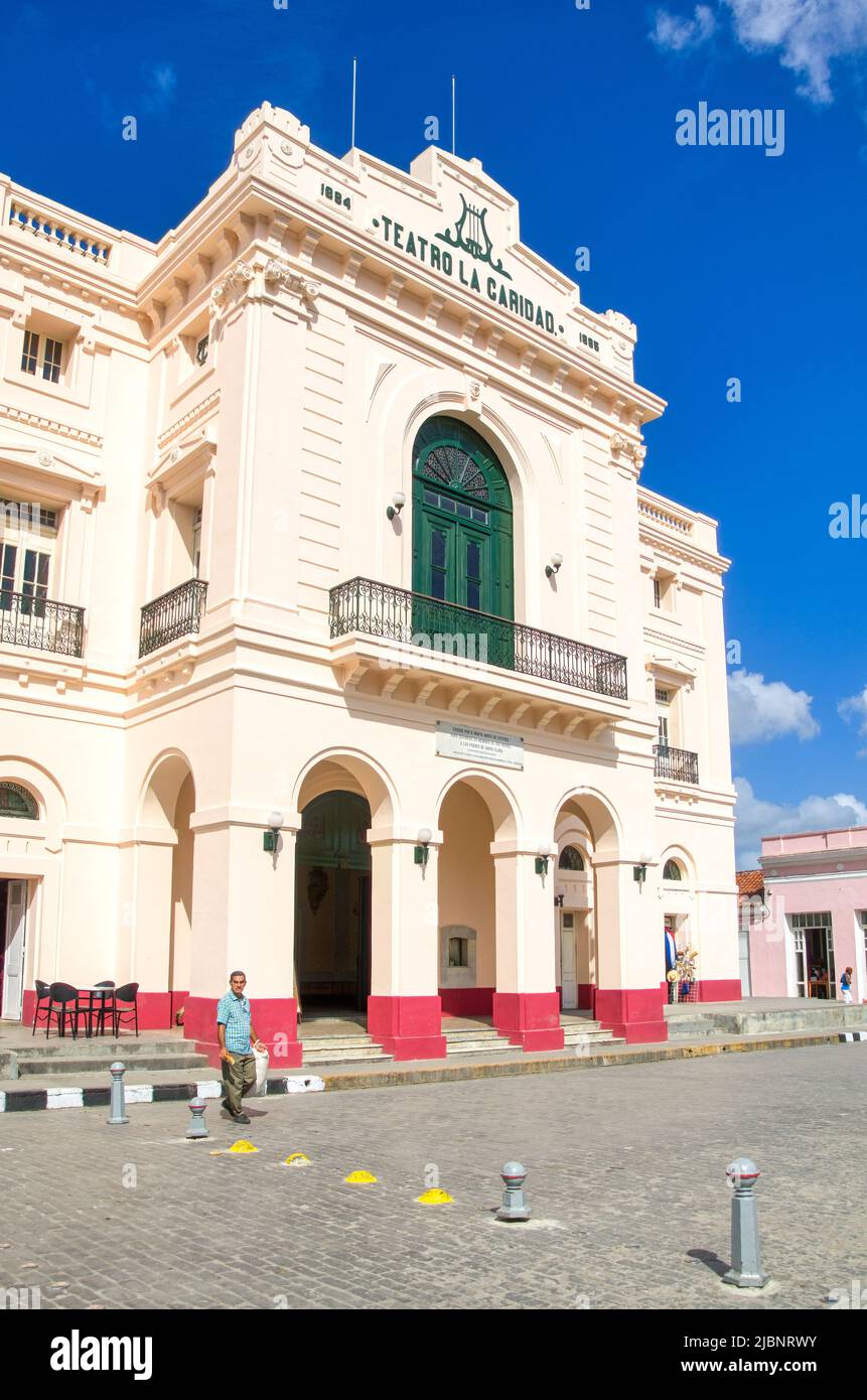 Facade of the colonial building named Teatro La Caridad (Charity Theatre). Stock Photo