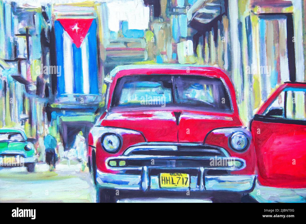 Painting of a vintage American car and a Cuban flag. The piece of art is for sale in the Plaza Polo. Stock Photo