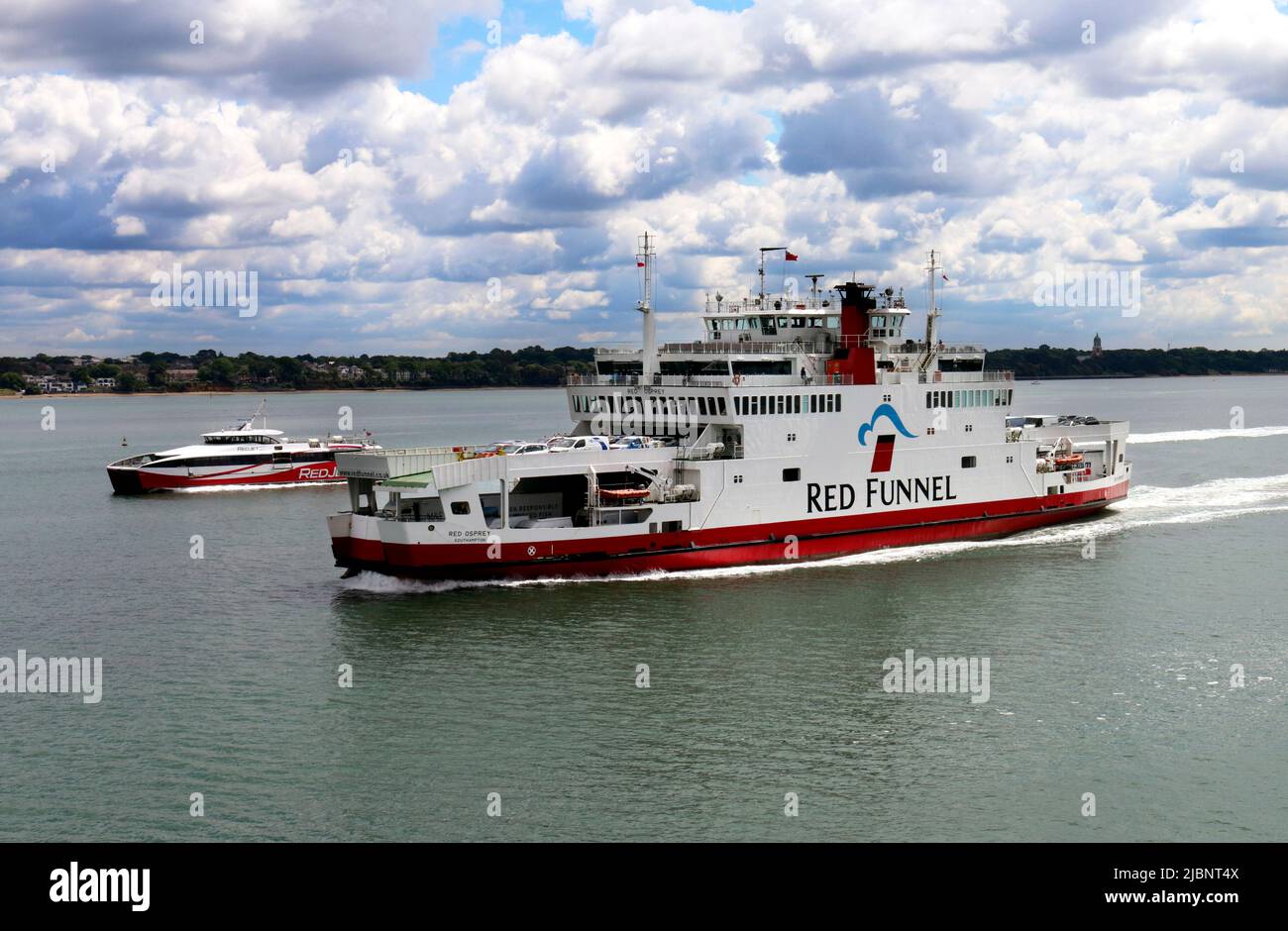 A Red Funnel car ferry and Redjet passenger ferry return to Southampton