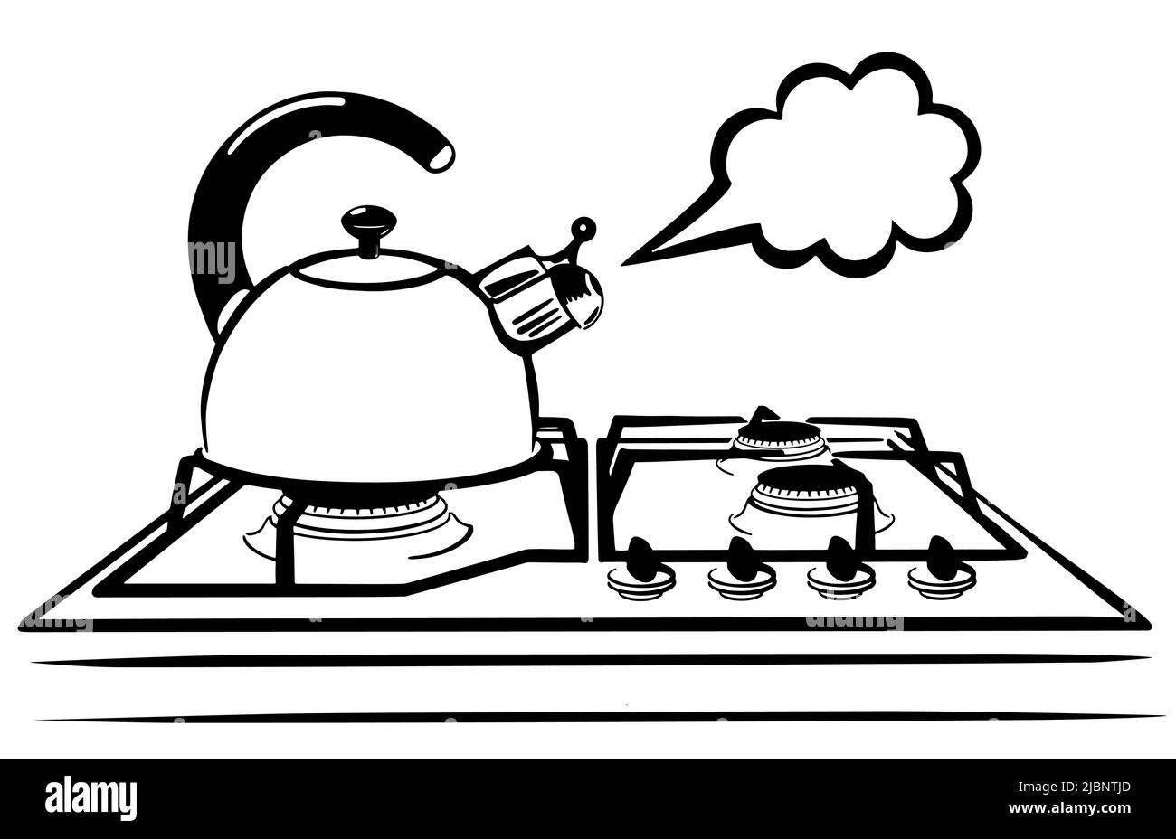 Gas stove with kettle and whistle. Steam cloud. The sketch is hand drawn. Isolated on white background. Vector. Stock Vector