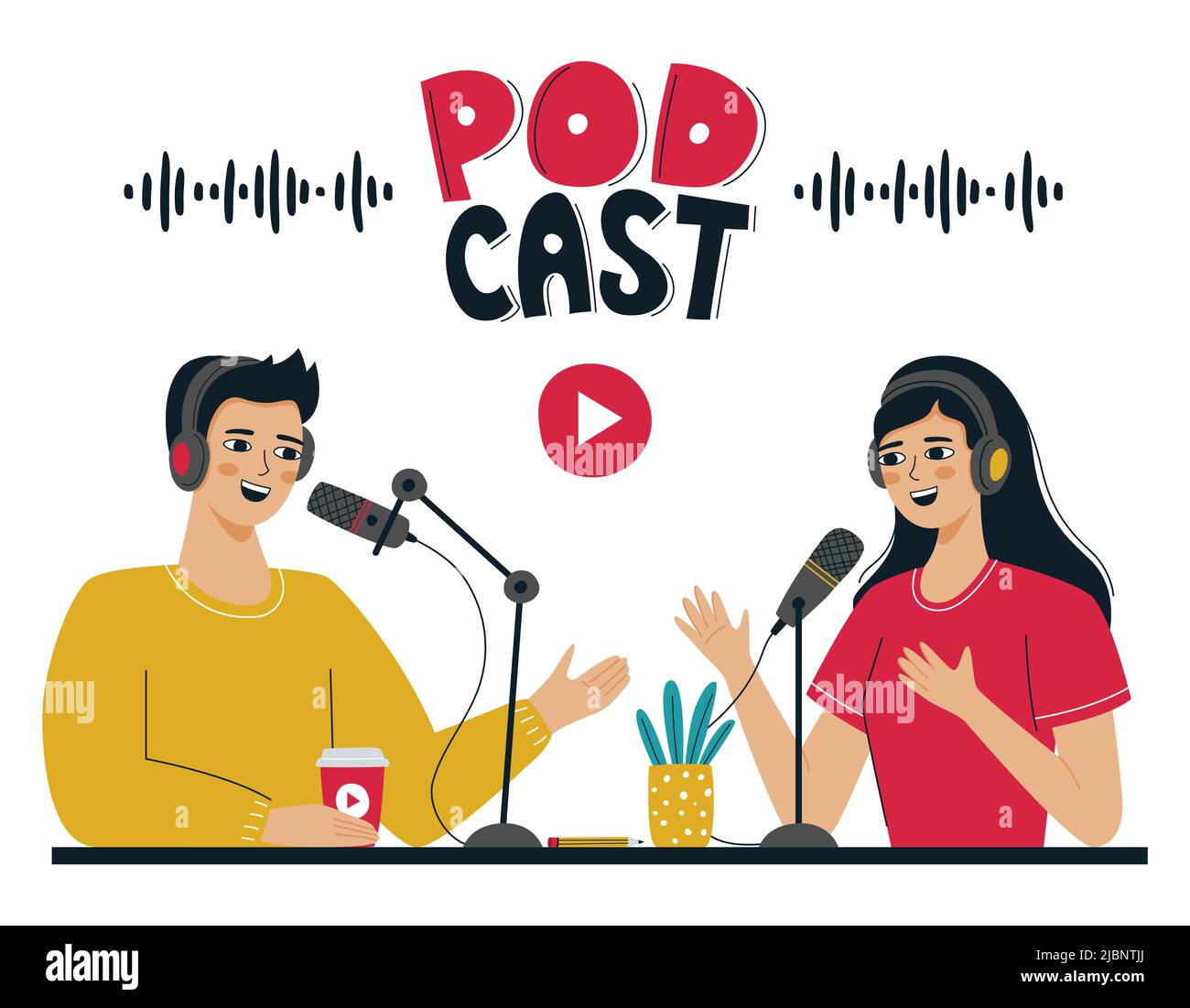 A girl and a man record a podcast, an online radio show. People with headphones are talking into a microphone. The concept of podcasting, broadcasting Stock Vector