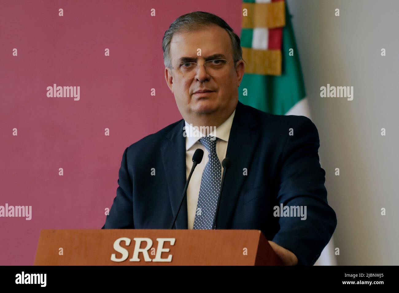 Mexico City, Mexico City, Mexico. 7th June, 2022. June 7, 2022, Mexico City, Mexico: Mexico's Foreign Minister Marcelo Ebrard Casaubon talks during a briefing conference at the Foreign Ministry for announce he will participate in the IX Summit of the Americas, on behalf of Mexico's President Andrés Manuel LÃ³pez Obrador and indicate that the relationship with the U.S. government is good. On Jun 7, 2022 In Mexico City, Mexico. (Credit Image: © Luis Barron/eyepix via ZUMA Press Wire) Stock Photo