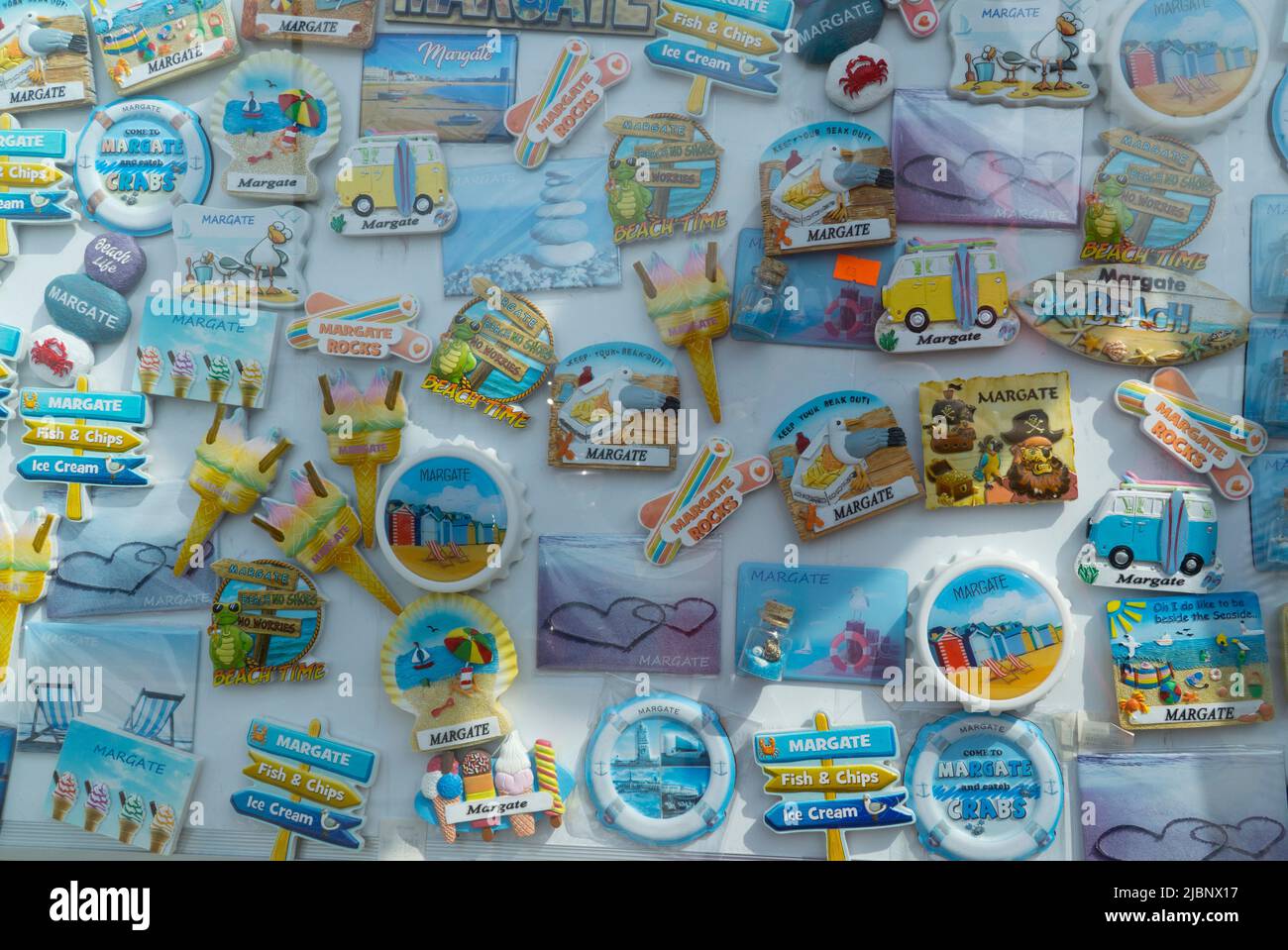 a display of souvenir fridge magnets in Margate, a seaside resort in Kent, southern England. Anna Watson/Alamy Stock Photo