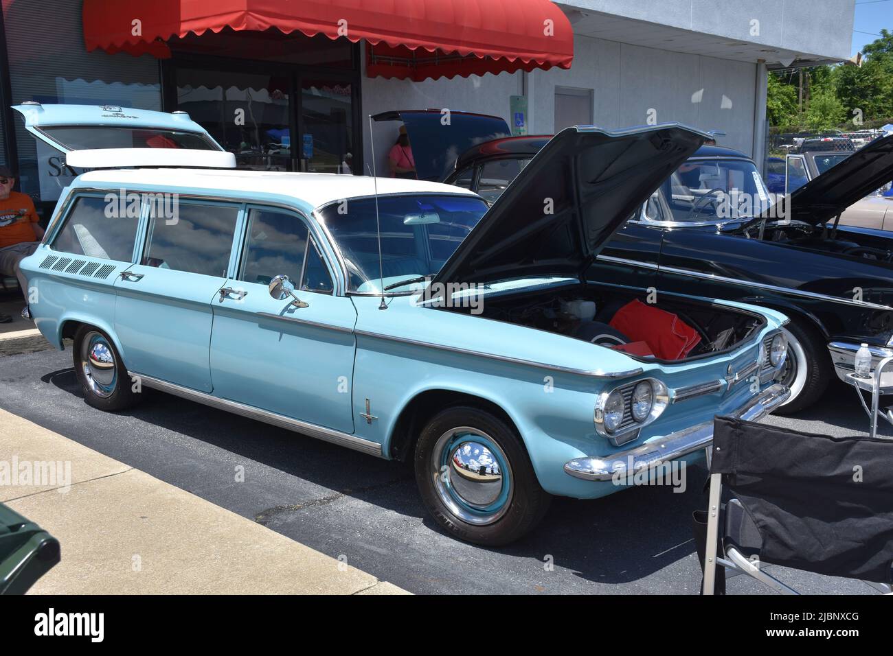 A Chevrolet Corvair Monza Station Wagon on display at a car show. Stock Photo