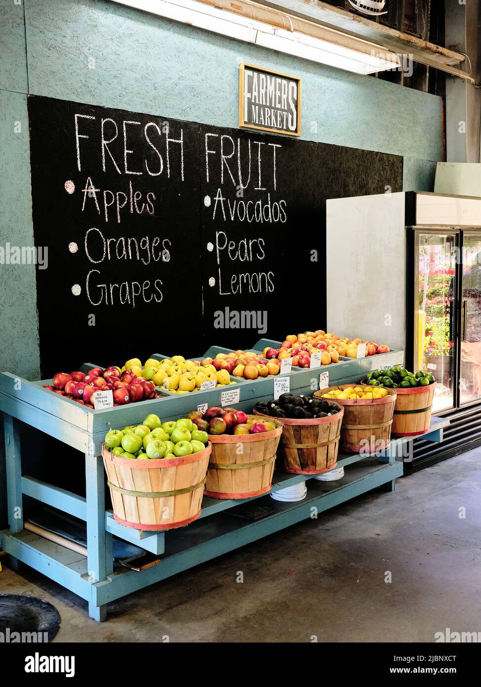 Fresh fruits and vegetables on sale at a farm market or, a local farmers market, in Montgomery, Alabama, USA. Stock Photo