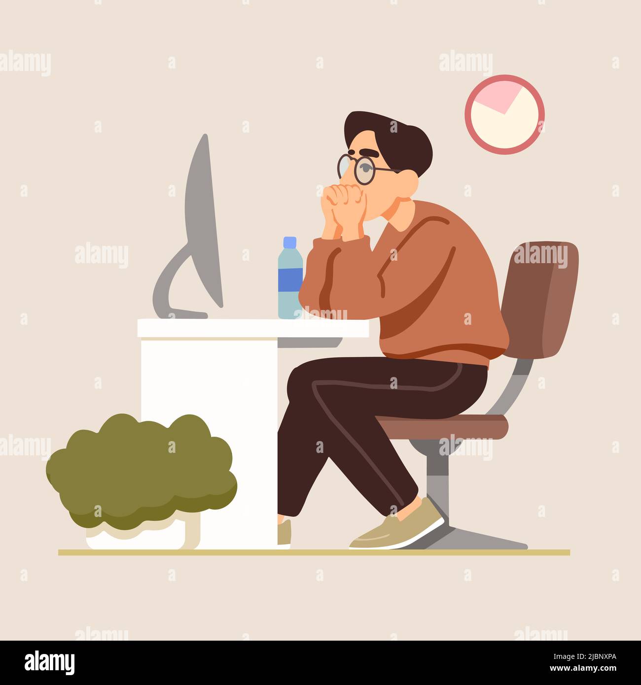 Multicolored drawing with a guy sitting at a computer for printing and design.Vector illustration. Stock Vector