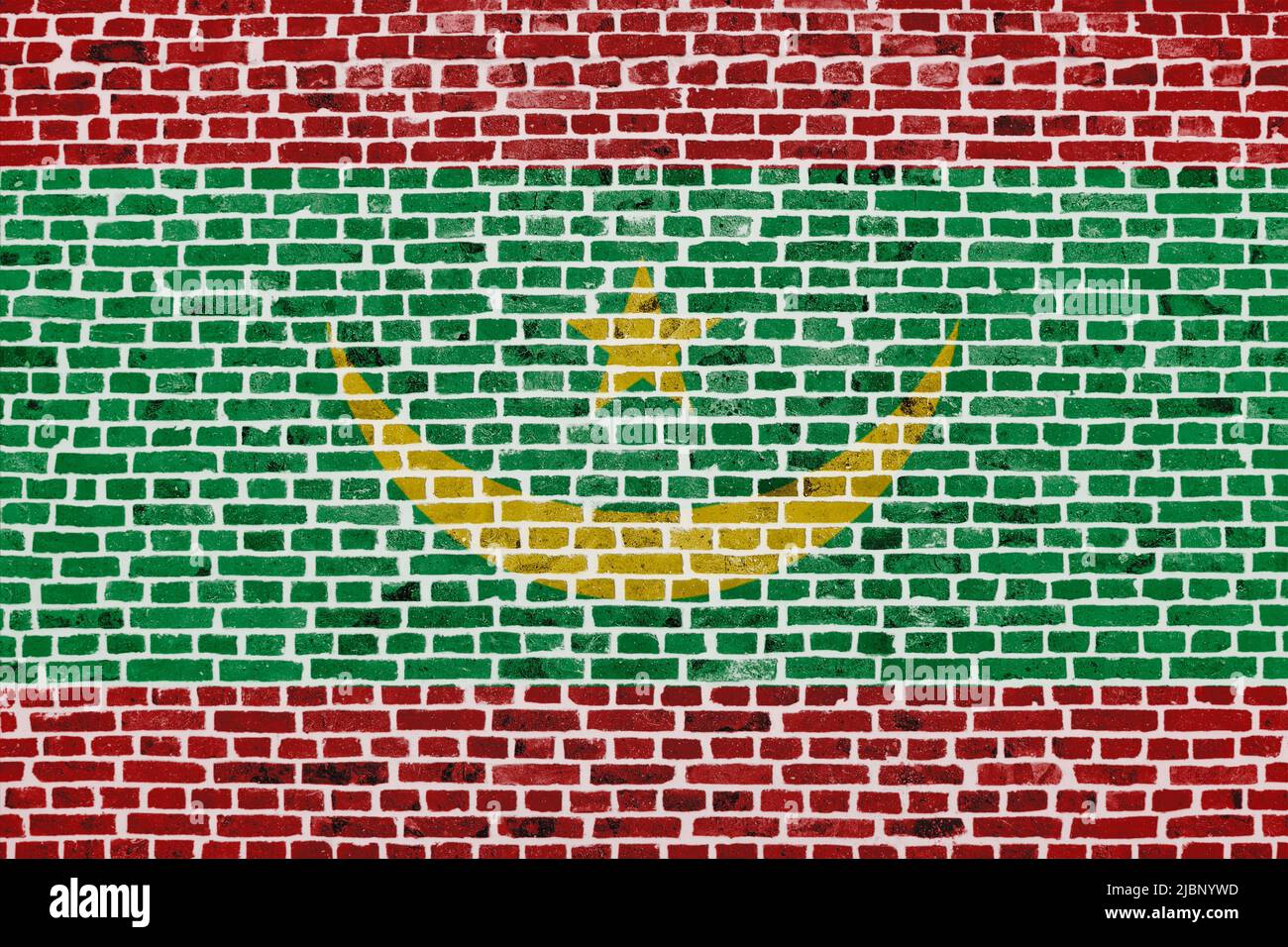 Close-up on a brick wall with the flag of Mauritania painted on it ...