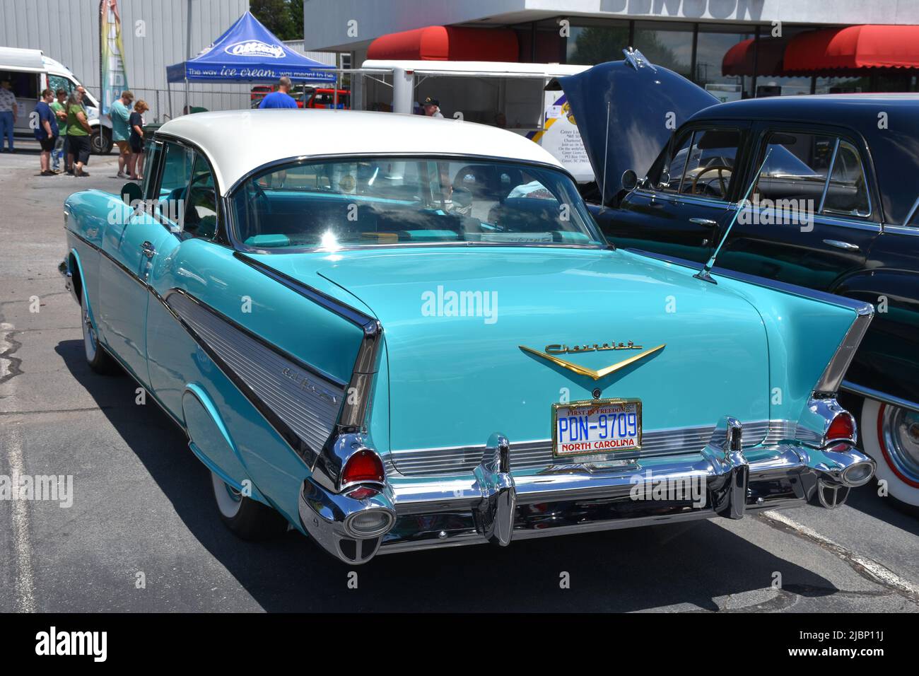 A 1957 Chevrolet Belair Hardtop on display at a car show. Stock Photo