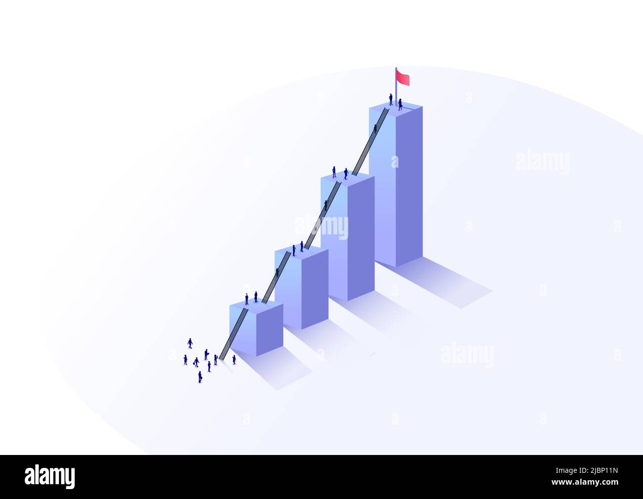 Concept of business growth and personal growth. Workforce climbing a bar chart using ladders to reach the top. Isometric vector illustration of a grou Stock Vector