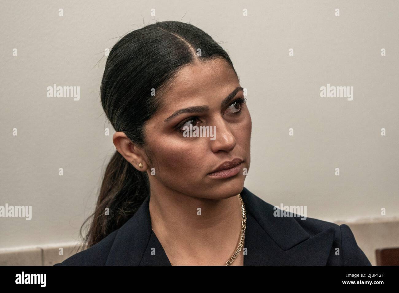 Washington, United States. 07th June, 2022. Matthew McConaugheyÕs wife Camila  Alves, a Brazilian model, listens as during a press conference on gun  violence in the James S. Brady Press Briefing Room at
