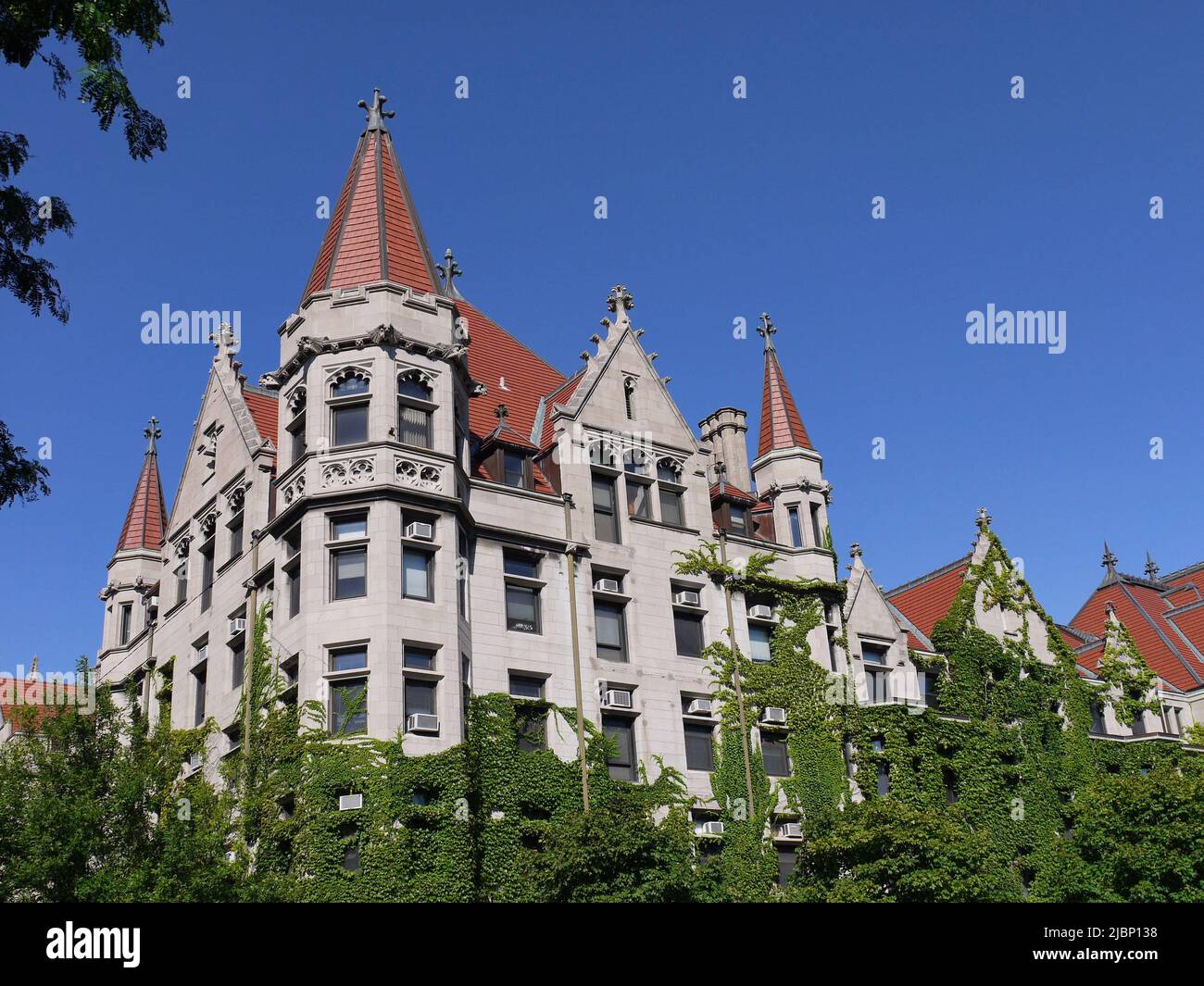 Gothic style stone building covered with ivy, at the University of Chicago Stock Photo