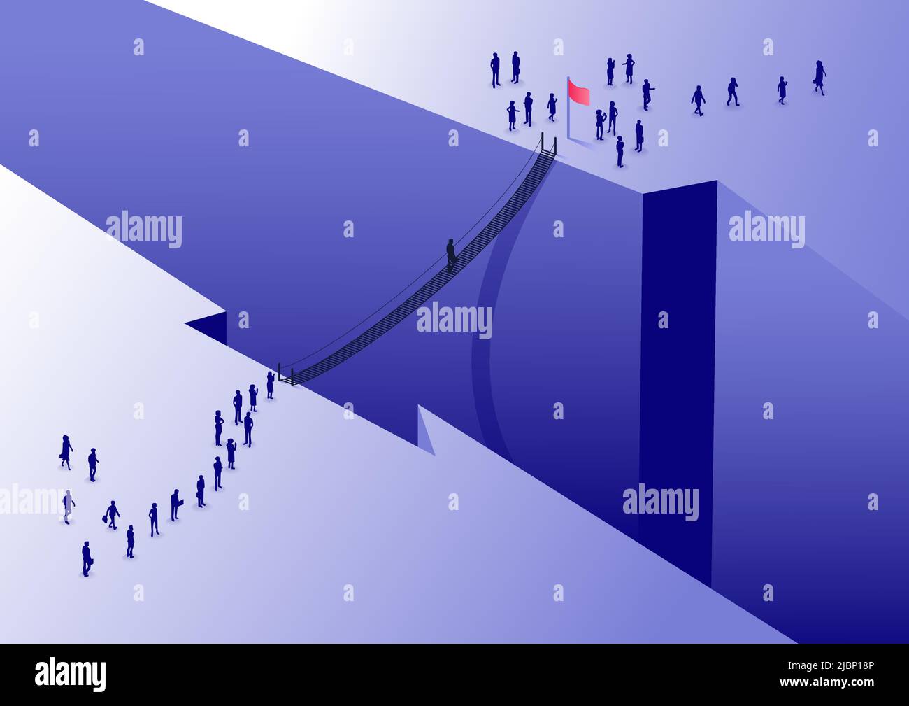 Business concept of overcoming adversity and challenges. Man crossing a valley on a hanging bridge that connects two surfaces. Isometric illustration Stock Vector