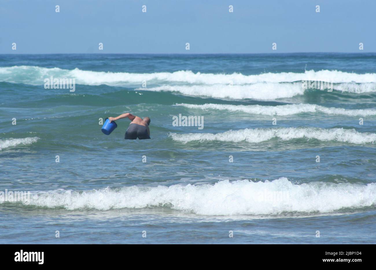 A man collecting fresh seafood in the surf off Ninety-mile Beach, New Zealand Stock Photo