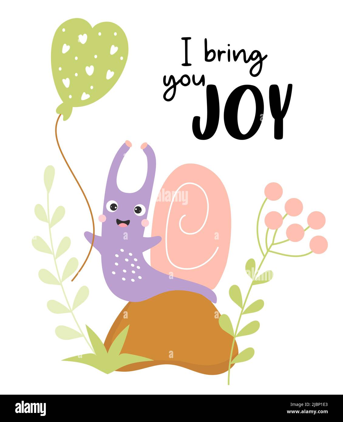 I bring you joy. Funny card with cute happy snail on stone among grass ...