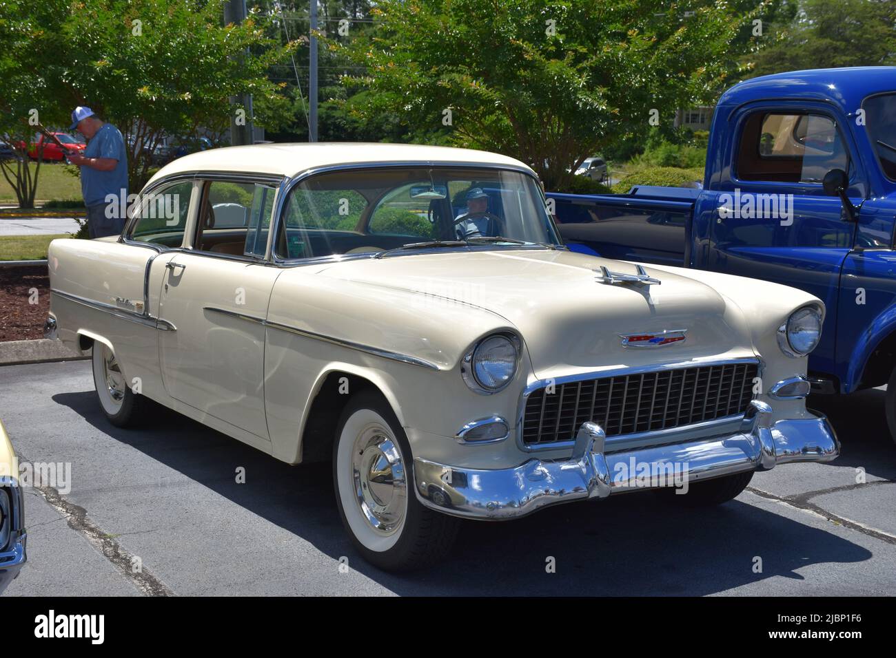 A 1955 Chevrolet Belair on display at a car show. Stock Photo