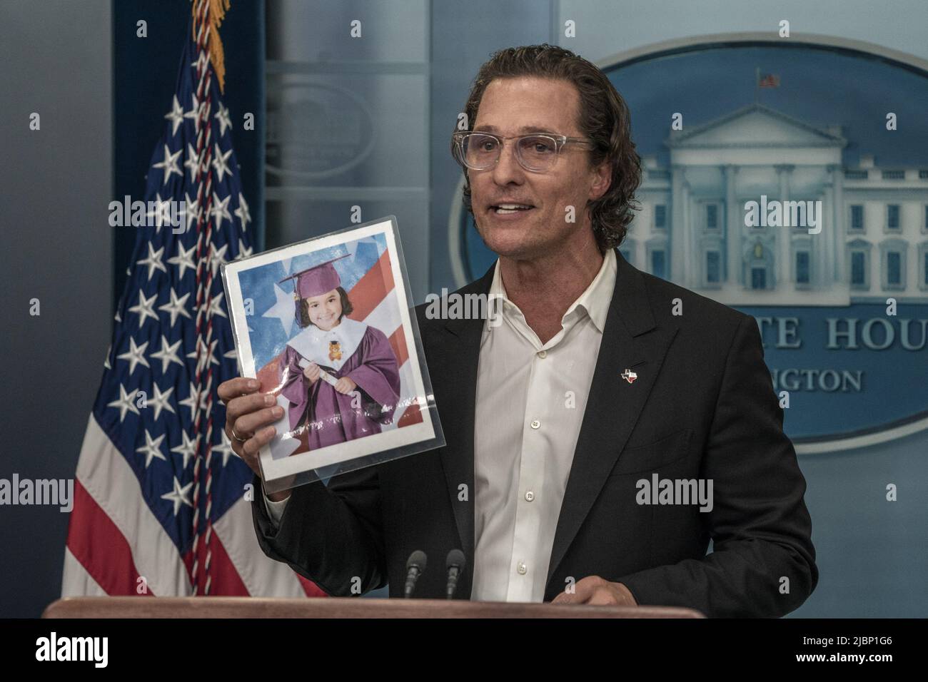 Washington, United States. 07th June, 2022. Matthew McConaughey, a native of Uvalde, Texas, holds up a photo of Alithia Ramirez, 10 yrs old, who was killed in the mass shooting at Robb Elementary School, during a press conference on gun violence in the James S. Brady Press Briefing Room at the White House in Washington, DC on Tuesday, June 7, 2022. Photo by Ken Cedeno/UPI Credit: UPI/Alamy Live News Stock Photo