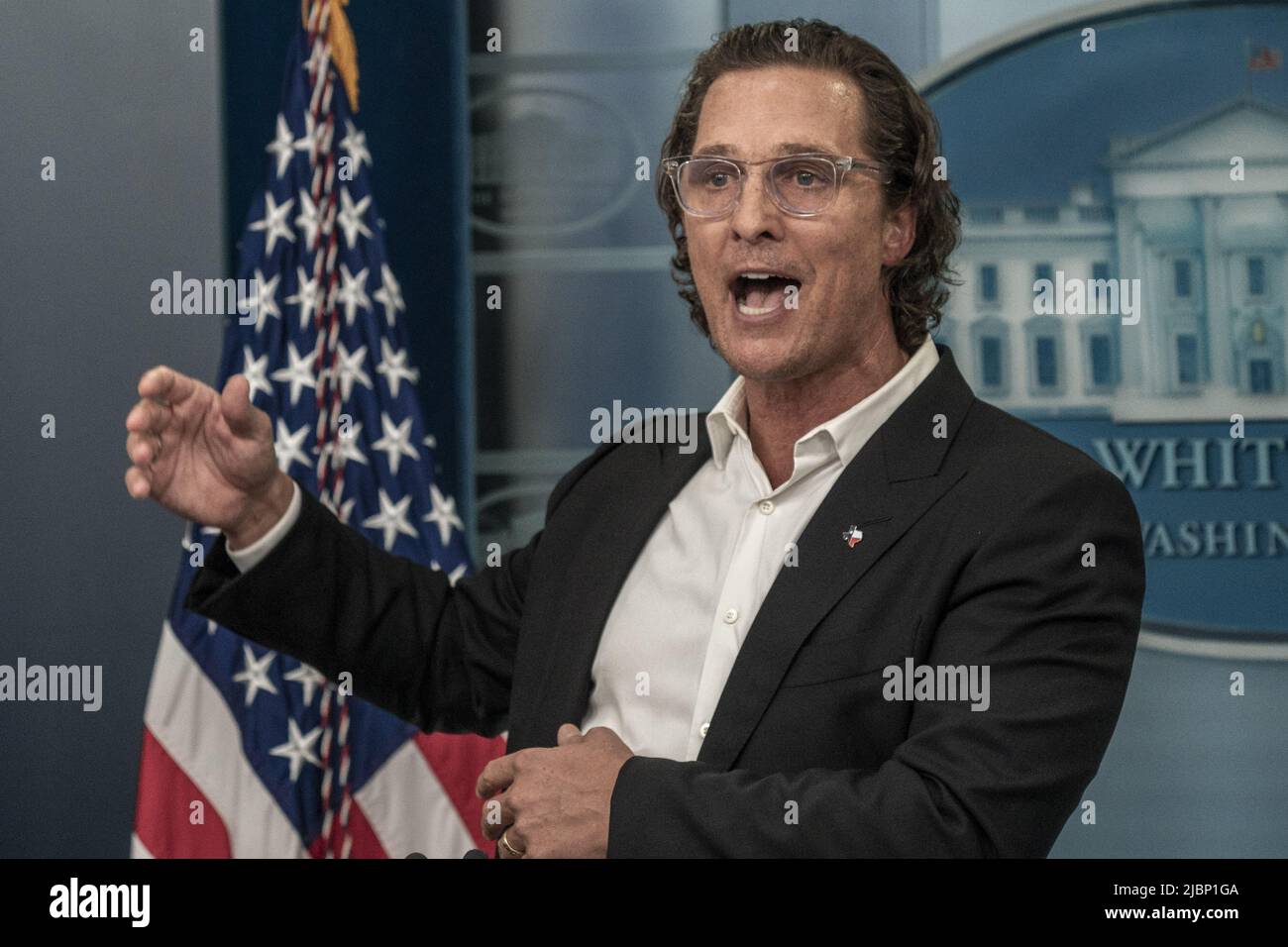 Washington, United States. 07th June, 2022. Matthew McConaughey, a native of Uvalde, Texas, speaks during a press conference on gun violence in the James S. Brady Press Briefing Room at the White House in Washington, DC on Tuesday, June 7, 2022. Photo by Ken Cedeno/UPI Credit: UPI/Alamy Live News Stock Photo