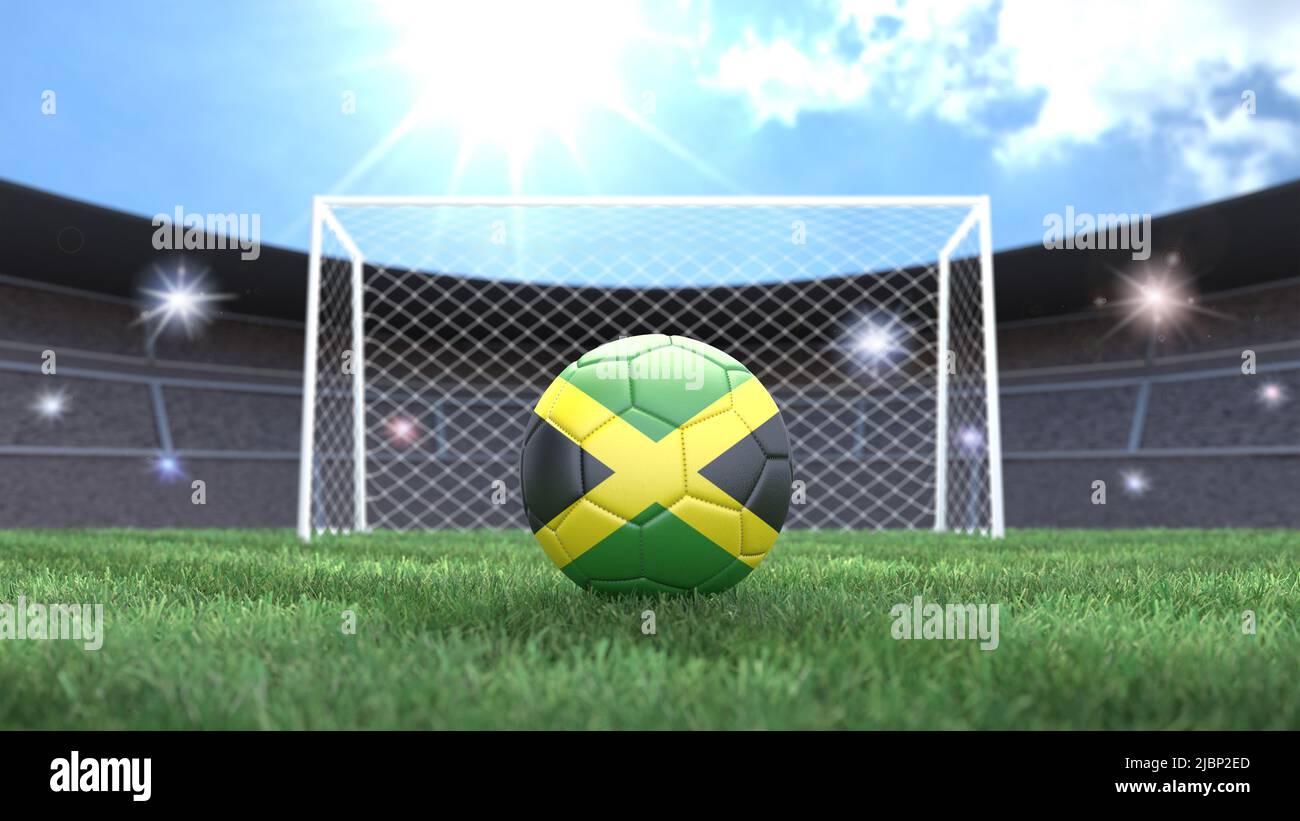 Soccer ball in flag colors on a bright sunny stadium background