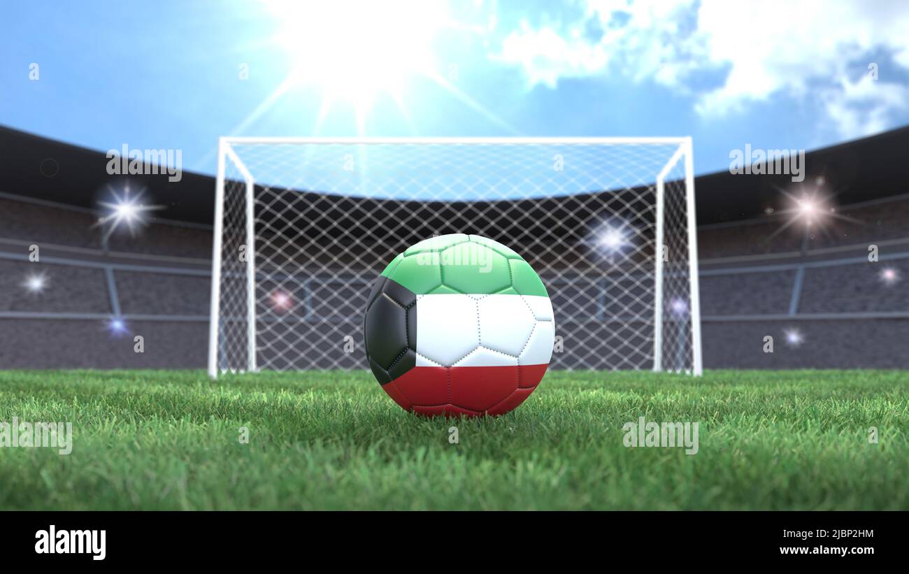 Soccer ball in flag colors on a bright sunny stadium background. Kuwait. 3D image Stock Photo