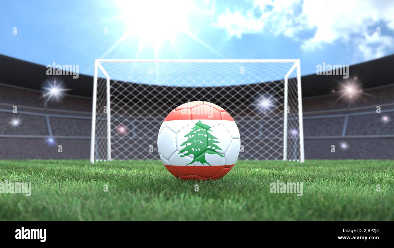 Soccer ball in flag colors on a bright sunny stadium background