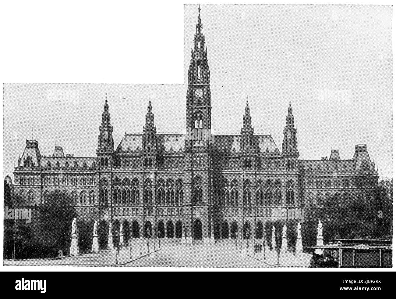 Rathaus (Town Hall) building in Vienna, Austria by the architect Friedrich von Schmidt. Publication of the book 'Meyers Konversations-Lexikon', Volume 2, Leipzig, Germany, 1910 Stock Photo