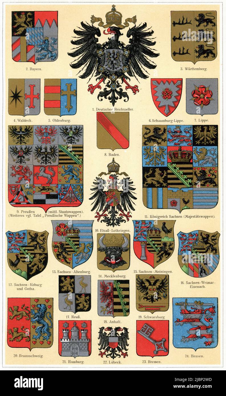 Coats of arms of cities and states of the German Empire. Publication of the book 'Meyers Konversations-Lexikon', Volume 2, Leipzig, Germany, 1910 Stock Photo