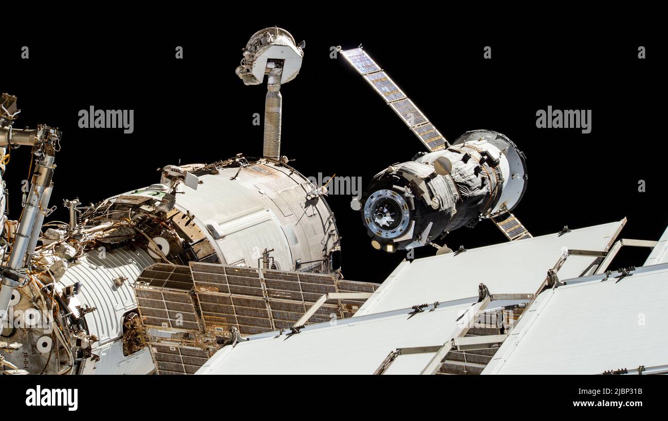 Earth Atmosphere. 1st June, 2022. The ISS Progress 79 resupply ship from Roscosmos is pictured moments after undocking from the Zvezda service module's rear port competing 214 days of cargo operations at the International Space Station. Credit: NASA/ZUMA Press Wire Service/ZUMAPRESS.com/Alamy Live News Stock Photo