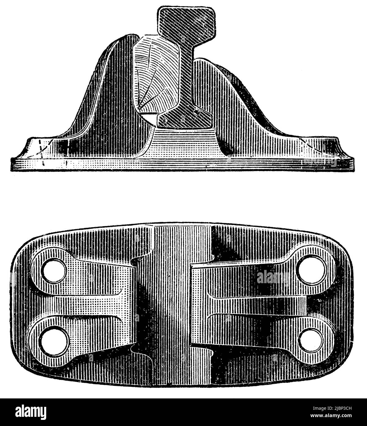 Rail chair, top and side view. Publication of the book 'Meyers Konversations-Lexikon', Volume 2, Leipzig, Germany, 1910 Stock Photo