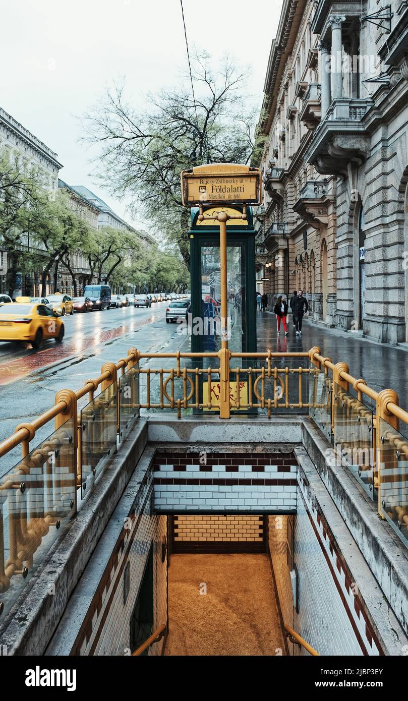 Budapest - Opera stop of the M1 line from 1896. A rainy day was an opportunity to look at the world differently. Stock Photo
