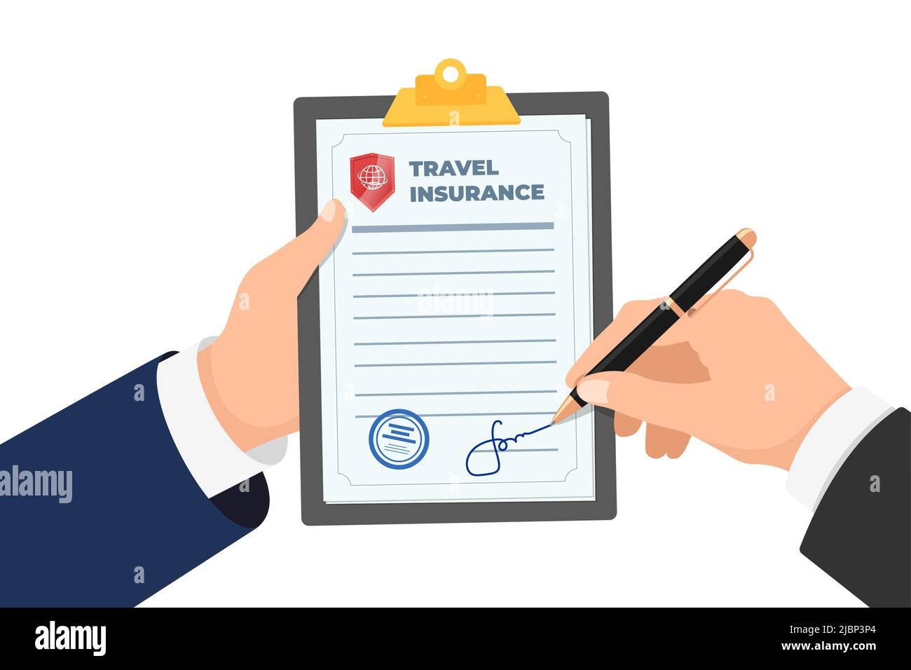 Businessman signing travel insurance policy claim form. Safe traveling signed agreement contract protect tourist life and property. Indemnity document in traveler trip accident. Safety journey. Vector Stock Vector