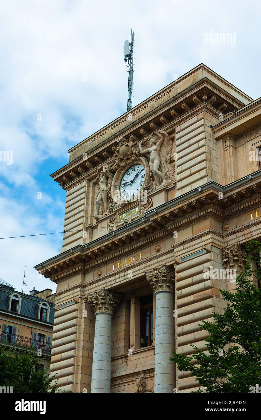 Geneva, Switzerland - June 3, 2022: The Hotel des Postes is a post office building in neoclassical architecture style, located at rue du Mont-Blanc, i Stock Photo