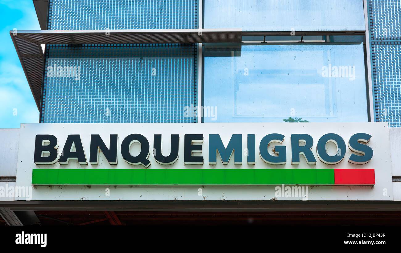 Geneva, Switzerland - June 3, 2022: Banque Migros - Migros Bank AG, based in Zurich, is a wholly owned subsidiary of the Swiss retail group Migros Stock Photo