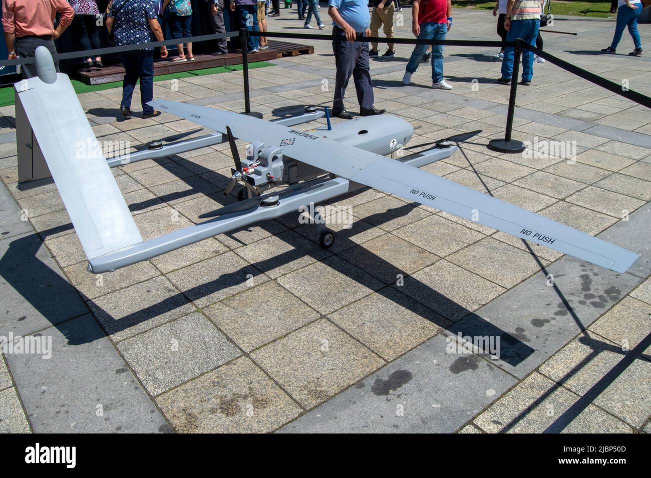 Military drones used for terrain recognition and tactical offensive attacks. War and technology. Remote offensive, remote military drone intelligence. Stock Photo