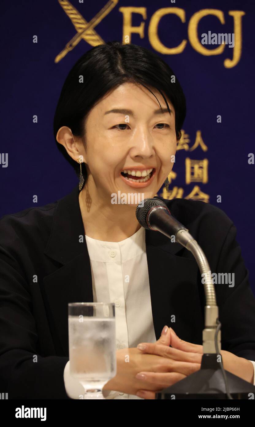 Tokyo, Japan. 7th June, 2022. Japanese film director Chie Hayakawa speaks  at a press conference for her latest movie Plan 75 at the Foreign  Correspondents' Club of Japan in Tokyo on Tuesday,
