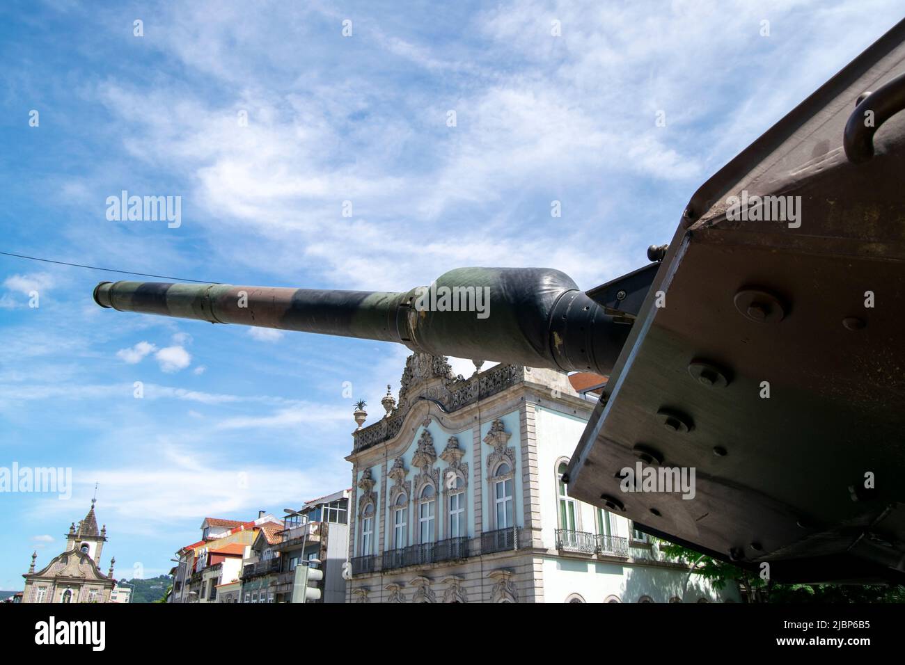 Leopard 2A6 Main battle tank on urban área, protected by composite armor of new generation and has external modular. armor. War conflicts on cities. Stock Photo