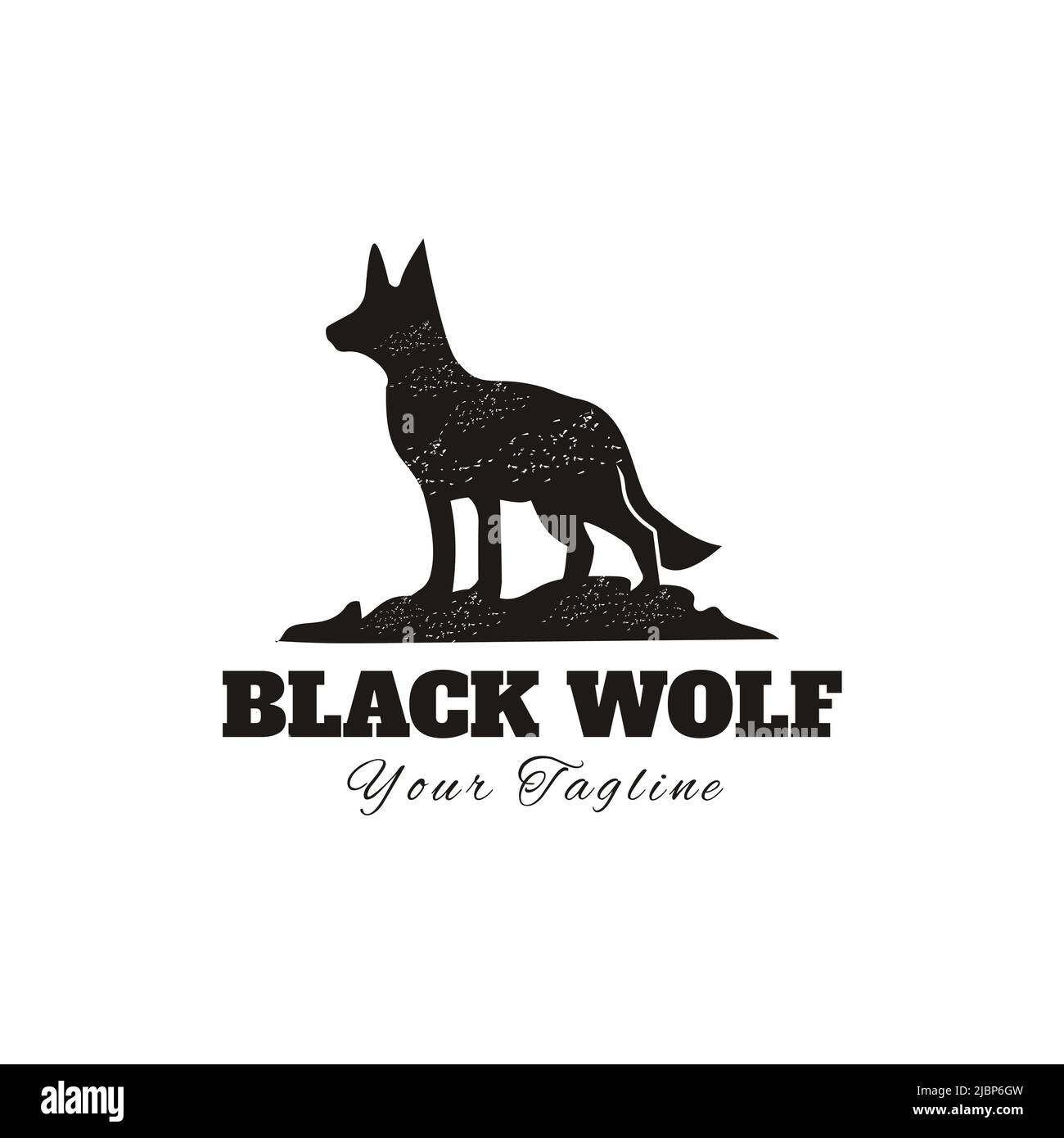 Wolf Fox Dog Design Logo on rustic stone Vintage Silhouette Stock Vector