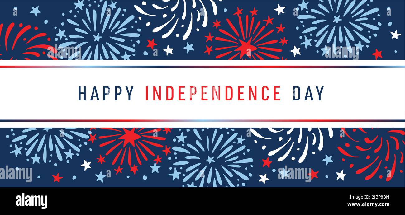 Happy Independence day, 4th July national holiday. Festive greeting card, invitation. Hand drawn fireworks in USA flag colors. Blue vector Stock Vector