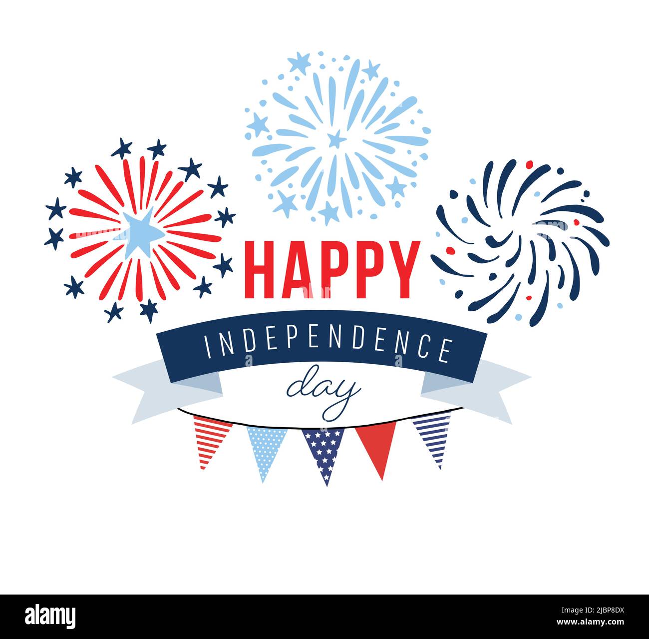 Happy Independence day, 4th July national holiday. Greeting card, invitation. Hand drawn fireworks, party bunting flags. USA colors. Vector Stock Vector