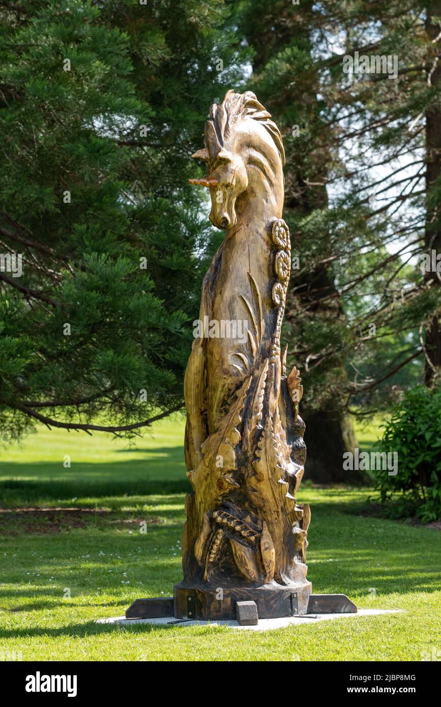 6 June 2022. Grant Park, Forres, Moray, Scotland. This is a chainsaw carving of a Unicorn that has been placed within Grant Park in order to celebrate Stock Photo